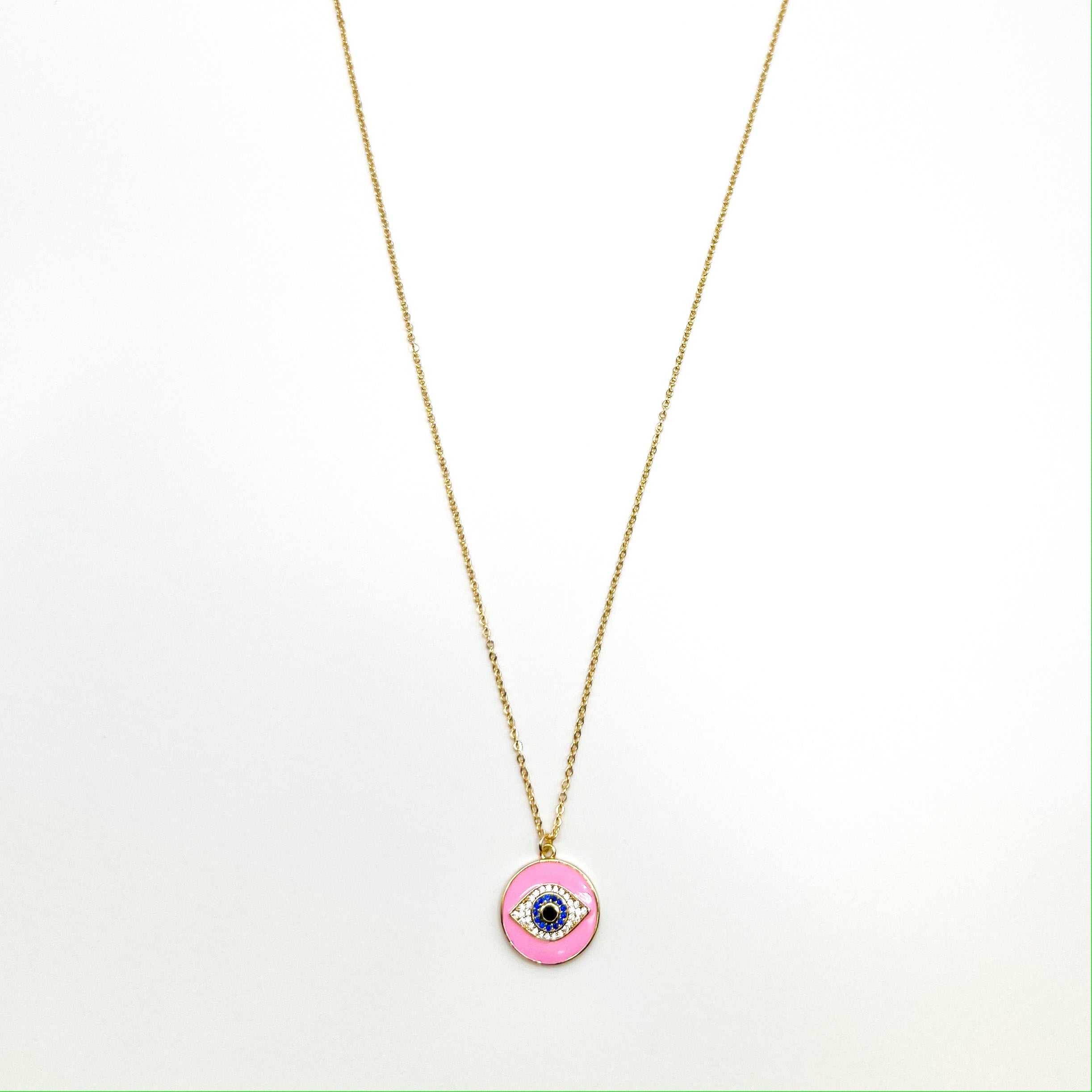 Pink Enamel Protection Eye Pendant Necklace