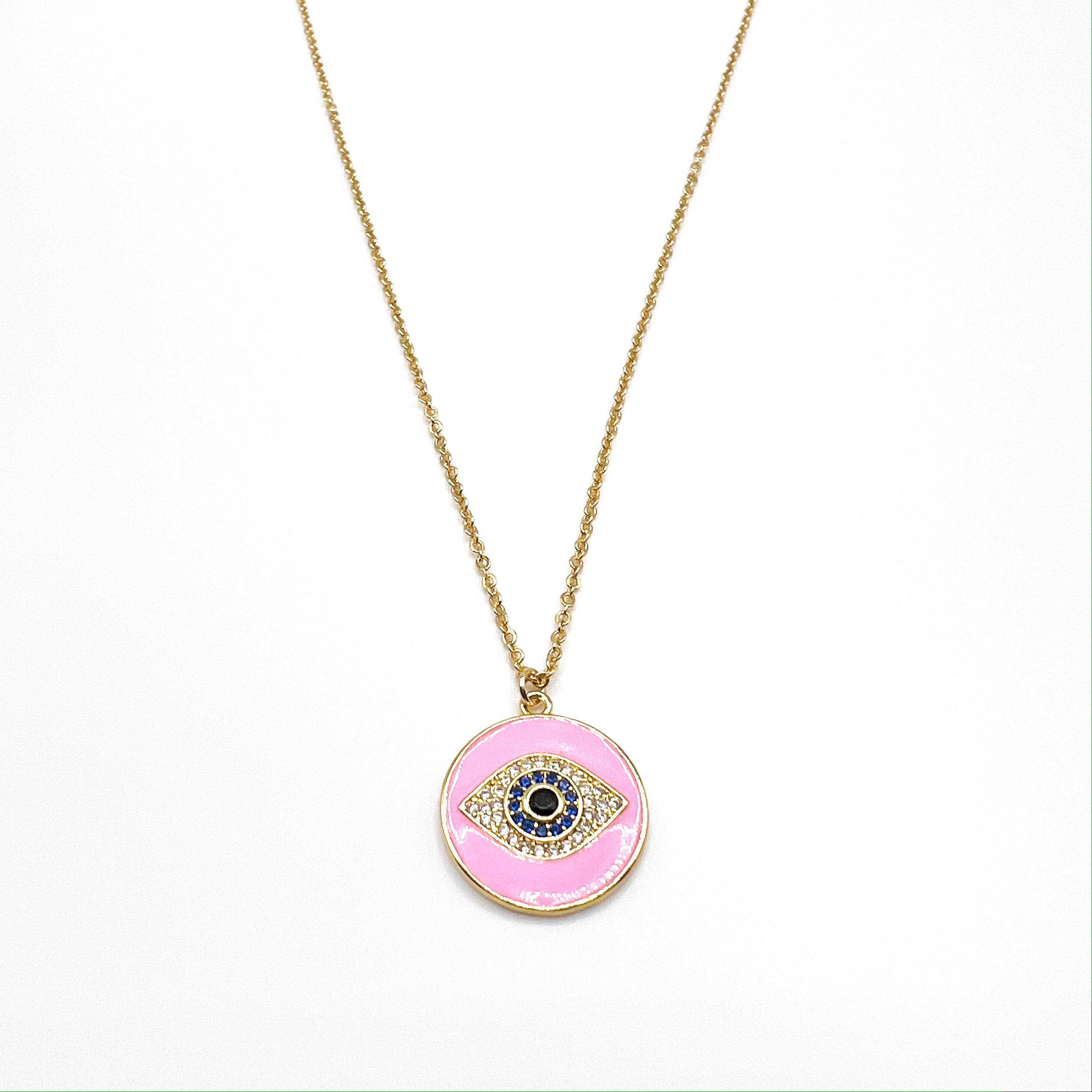 Pink Enamel Protection Eye Pendant Necklace